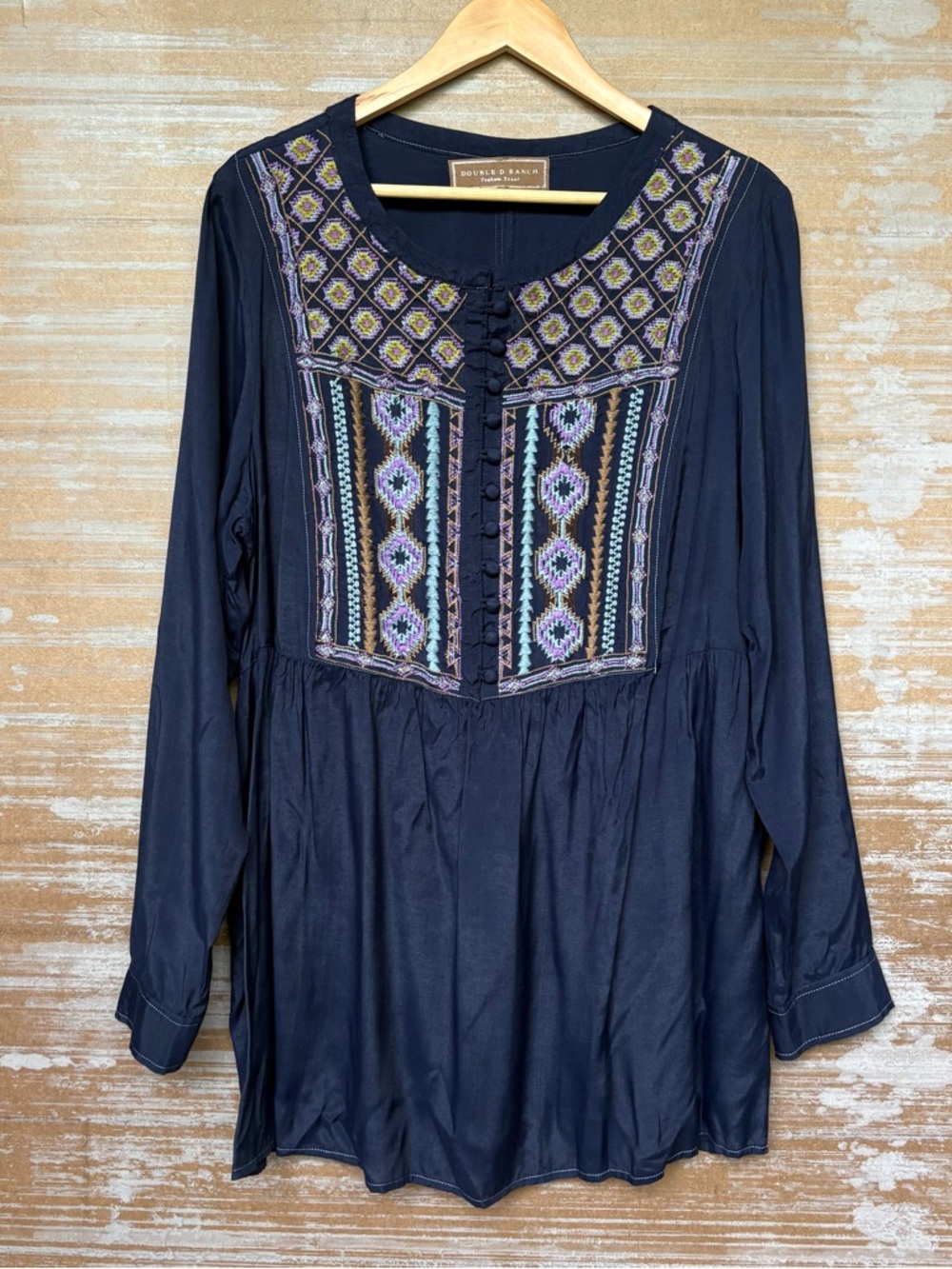 Double D Ranch Embroidered Navy Blouse Western Boho Pleated Prairie Womens XL